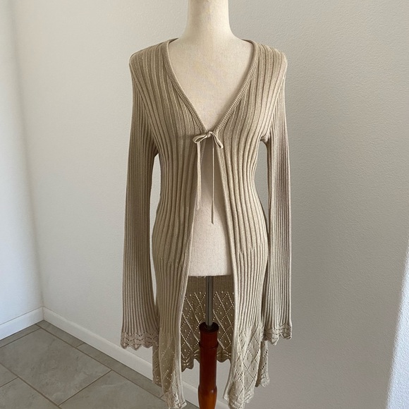 Eye Candy Tan Long Ribbed Cardigan with Deep V-Neck - Picture 1 of 10
